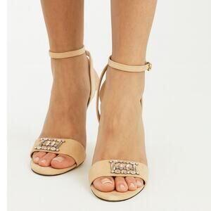 Escada SZ 38 Nude Leather Slingback Sandal With Rhinestone Embelishment NEW